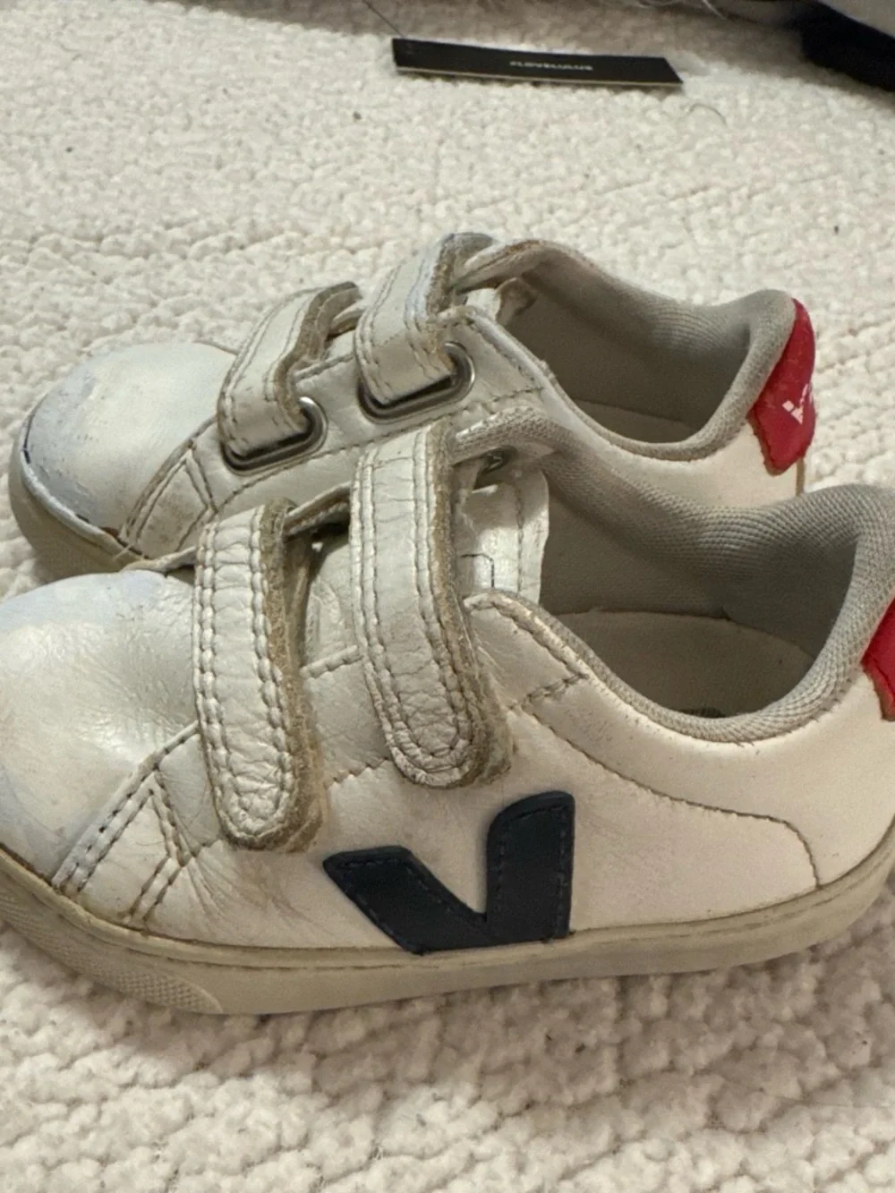 Veja Kids White Sneakers with Navy V and Red Heel Tab